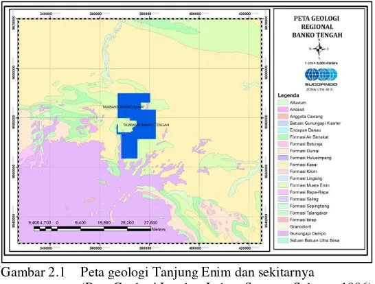 Gambar 2.1 Peta geologi Tanjung Enim dan sekitarnya 