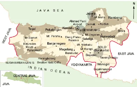 Gambar 1: Letak Bandar Udara Ahmad Yani terhadap peta Provinsi Jawa Tengah dan Pulau Jawa  Sumber: http://www.hotelwww.net/jateng/index.htm 