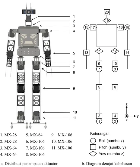 Gambar 3.1 Distribusi aktiuator dan diagram derajat kebebasan robot Ithaaro