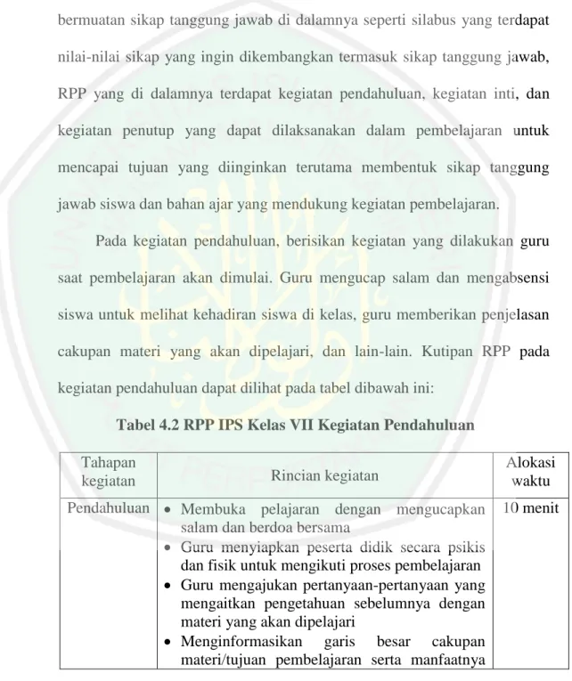 Tabel 4.2 RPP IPS Kelas VII Kegiatan Pendahuluan  Tahapan 