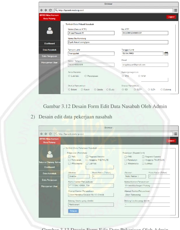 Gambar 3.12 Desain Form Edit Data Nasabah Oleh Admin  2)  Desain edit data pekerjaan nasabah 