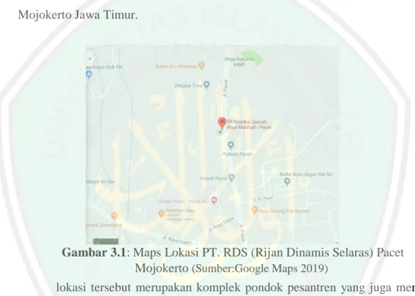 Gambar 3.1: Maps Lokasi PT. RDS (Rijan Dinamis Selaras) Pacet  Mojokerto  (Sumber:Google Maps 2019)