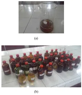 Gambar L4.5 (a) Bahan Bakar Cair yang Dihasilkan, (b) Penyimpanan Bahan Bakar Cair dalam Botol  