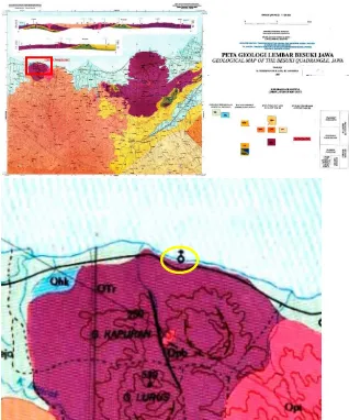 Gambar 3 peta geologi daerah penelitian, daerah dengan lingkaran kuning merupakan letak dari unit 7 dan 8 PT.IPMOMI PLTU Paiton