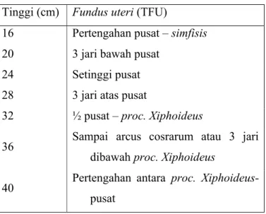 Tabel 4 TFU Menurut Penambahan Tiga Jari Tinggi (cm) Fundus uteri (TFU)