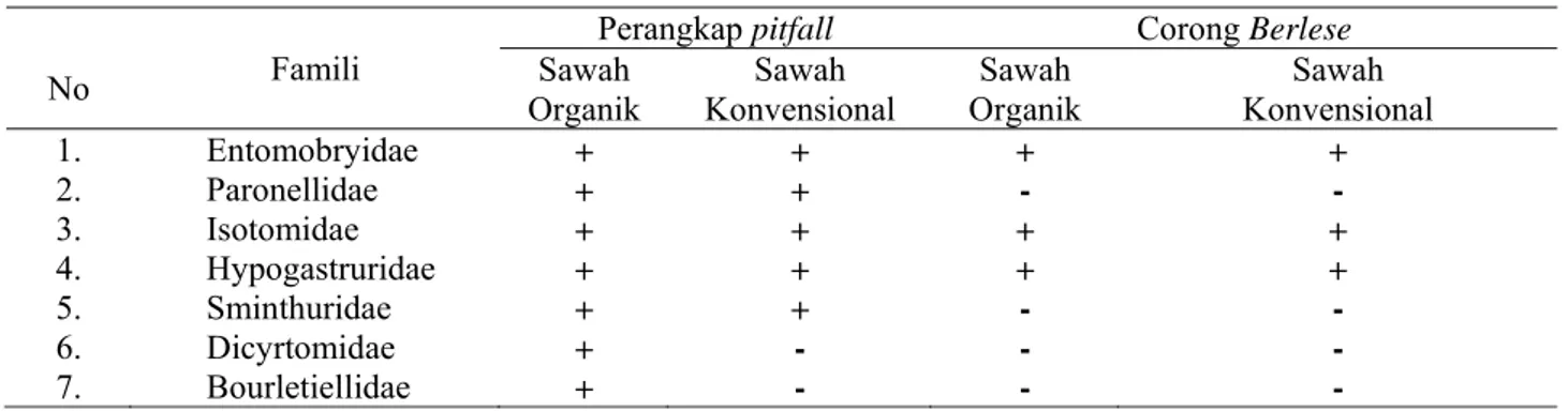 Tabel 2.  Jumlah famili relatif  (%),  indeks keragaman (H'), dan indeks kemerataan (E) populasi Collembola  yang tertangkap pada sawah organik dan konvensional   