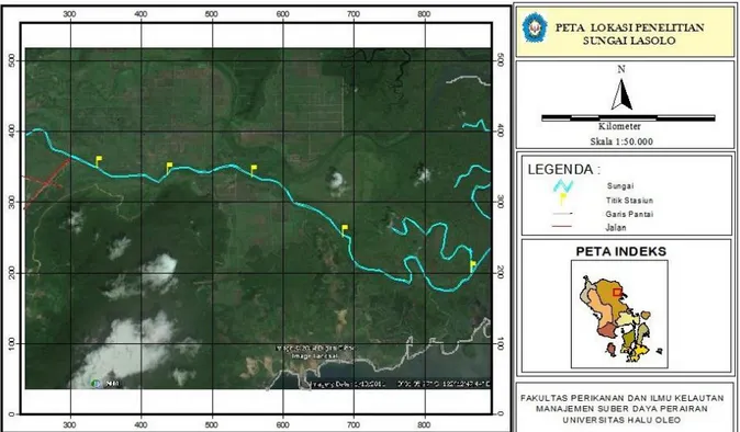 Gambar 1.  Peta Lokasi Penelitian di Sungai Lasolo Sulawesi Tenggara