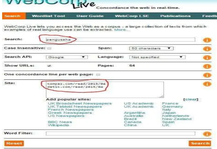 Figure 1: searching the word  pengusaha and specifying the domain of kompas.com and detik.com  