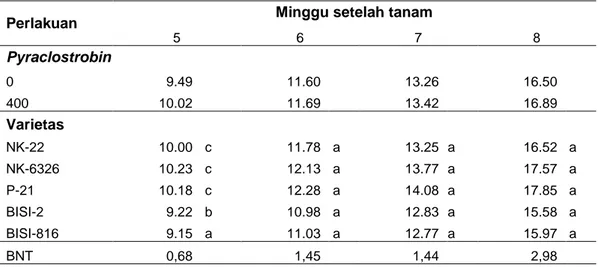 Tabel 2 Rataan Jumlah Daun (helai) jagung pada Perlakuan Pyraclostrobin  dan Varietas 