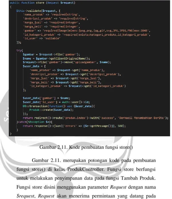 Gambar  2.11.  merupakan  potongan  kode  pada  pembuatan  fungsi  store()  di  kelas  ProdukController