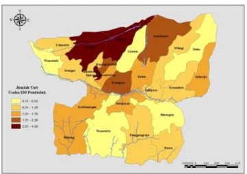 Gambar 4. Jumlah UMK per 100 penduduk di wilayah Blitar  Sumber Data: dirangkum dari berbagai sumber 
