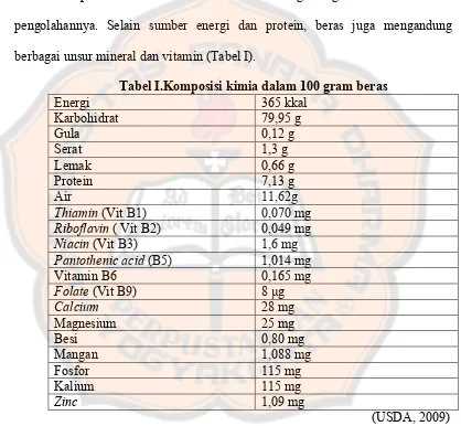 Tabel I.Komposisi kimia dalam 100 gram beras  