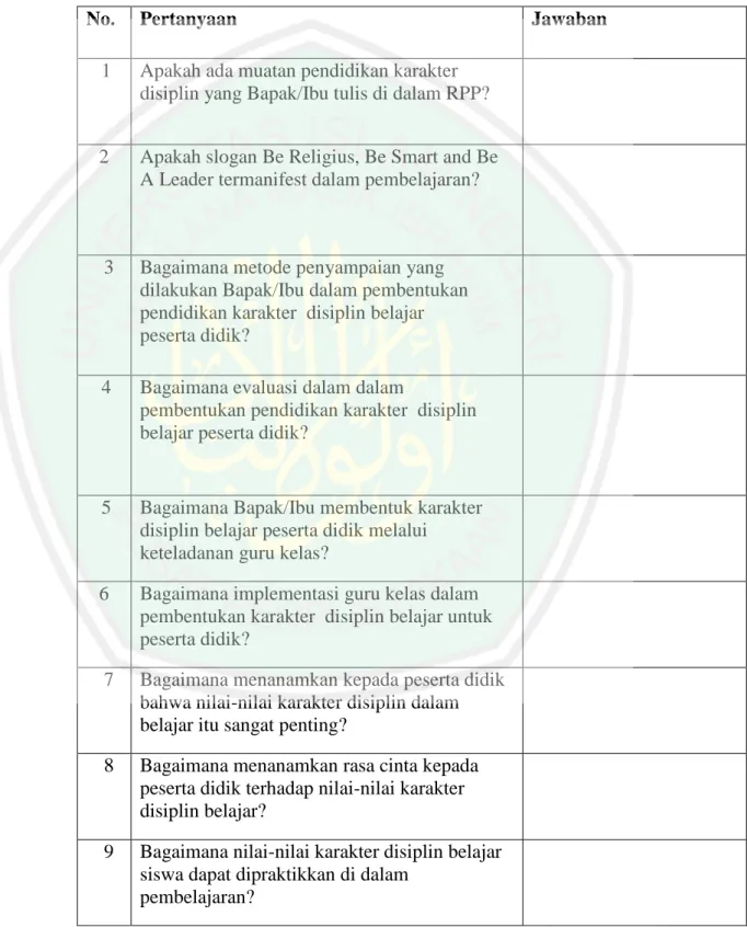 Tabel 3.2 Pedoman Wawancara 