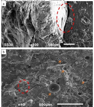 Figure 3. The SEM Micrograph of tensile fracture surface of Mt. Kelud volcanic ash particle composites  on: (a) polyester matrix with 10 vol