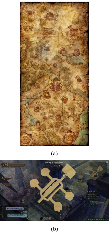 Gambar 1.3. Jenis peta pada game “Tree of Savior”. (a) Peta world, (b) Peta dungeon (IMC Games, 2014) 