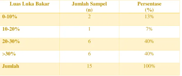 Tabel  5.7  Distribusi  Luas  Luka  Bakar  Pada  Anak  di  RSUD  Dr.  Soetomo  Surabaya  periode  Januari-Desember 2018