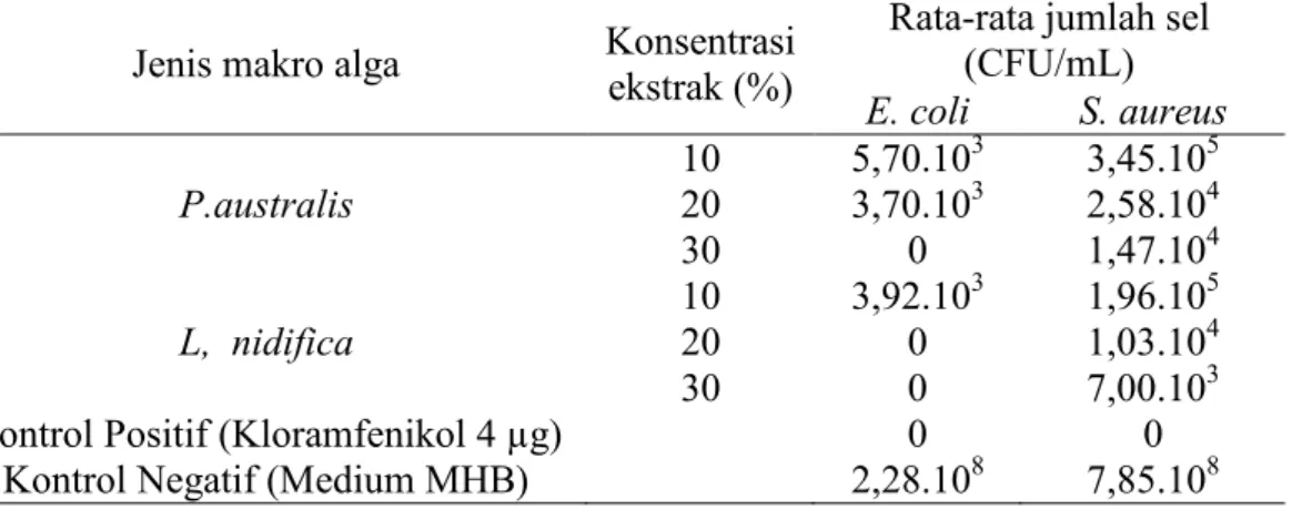 Tabel 1. Pengaruh  ekstrak  makro  alga  P.  australis  dan  L.  nidificaterhadap  pertumbuhan jumlah sel bakteri E