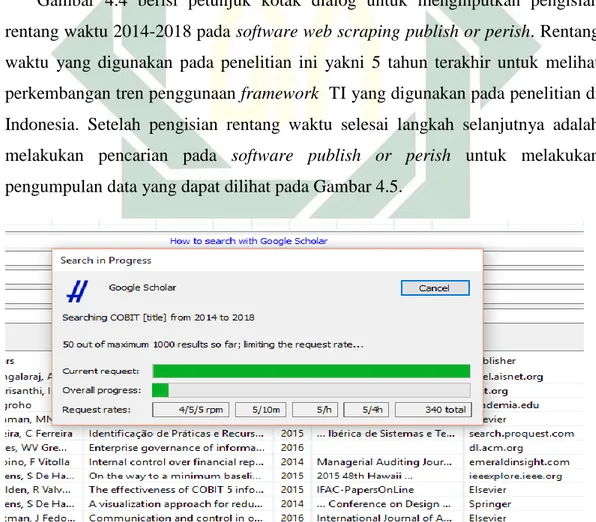 Gambar  4.4  berisi  petunjuk  kotak  dialog  untuk  menginputkan  pengisian  rentang waktu 2014-2018 pada software web scraping publish or perish