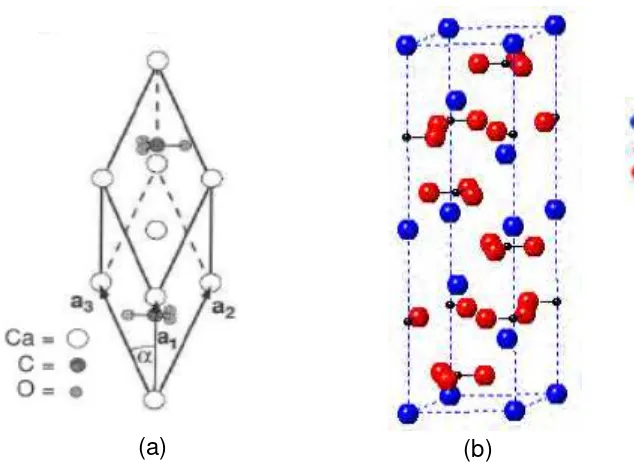 Gambar 2.2  Struktur kristal  ortorombik aragonit,  dengan parameter kisi: a= 5,379Å,       b= 4,961Å, c=7,97Å, α=β=γ=90º (CrystalMaker Software, Ltd)