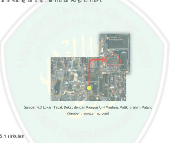Gambar 4.3 Lokasi Tapak Dekat dengan Kampus UIN Maulana Malik Ibrahim Malang   (Sumber : googlemap.com) 