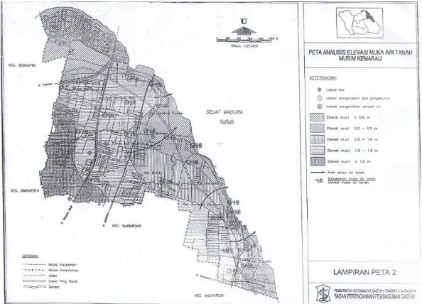 Gambar 2. 5 Peta Elevasi Kedalaman Muka Air Tanah Kota Surabaya (PUSLIT-KLH ITS dengan Bapedda, 1999) 