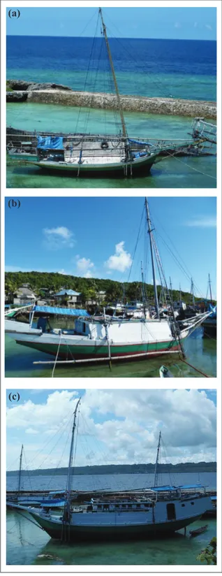 Gambar 1. (a) Perahu desain atap segitiga, (b) Perahu  desain atap trapesium, (c) Perahu desain atap persegi  panjang penuh