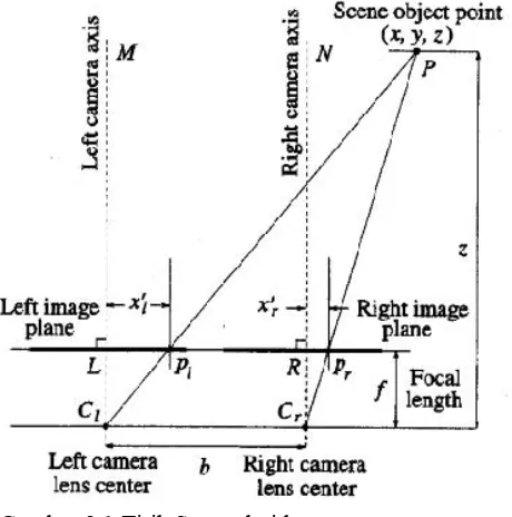Gambar 2.1 Titik Scene dari kamera stereo Sumber : R. Jain, 1995, “Machine Vision” 