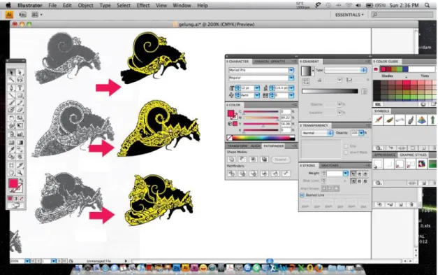 Gambar 3 Hasil tracing dengan piranti lunak Adobe Illustrator format vector   terlihat lebih tajam walaupun gambar diperbesar dan lebih mudah untuk diberi warna