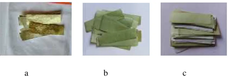 Gambar 1.hasil kertas indikator asam basa dari ekstrak daun Rhoeo discolor dengan menggunakan kertas (a) saring, (b) HVS dan (c) buram pada pelarut etanol 96%