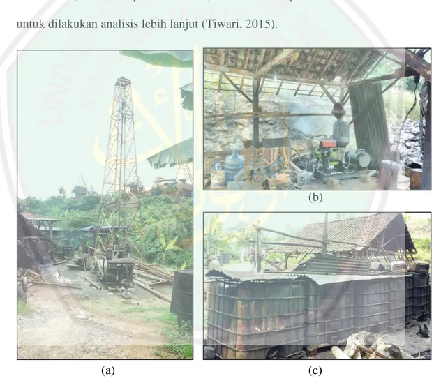 Gambar  3.1  Lokasi  pengambilan  sampel  (a)  sumur  pengeboran  minyak,  (b)  tempat pengolahan minyak, dan (c) tempat penyimpanan minyak di  pertambangan  minyak  Wonocolo,  Bojonegoro,  Jawa  Timur  (dokumentasi pribadi) 