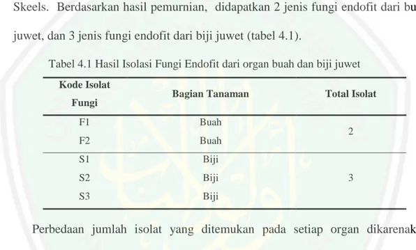 Tabel 4.1 Hasil Isolasi Fungi Endofit dari organ buah dan biji juwet  Kode Isolat 