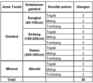 Tabel 1.  Jenis Gambut, kondisi pohon dan jumlah pohon sampel. 