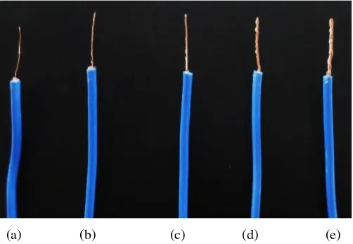 Gambar 3.14 Variasi jumlah serabut kabel untuk ekperimen busur api listrik: (a) serabut 1, (b) serabut 3, (c) serabut 6, (d) serabut 12, dan (e) serabut 24 