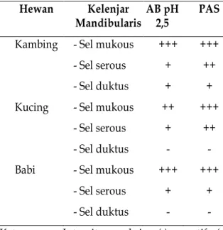 Tabel  2.  Intensitas  rata-rata  kelenjar  mandibularis  kambing,  kucing  dan babi terhadap pewarnaan AB  pH 2,5 dan PAS    Hewan  Kelenjar  Mandibularis  AB pH 2,5  PAS 