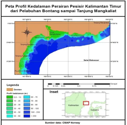 Gambar 4. Profil kedalaman perairan secara 2D sepanjang pesisir Kabupaten Kutai Timur 
