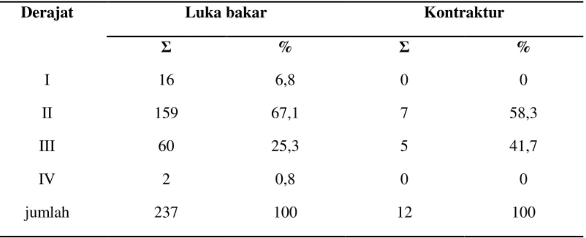 Tabel  4  Distribusi  derajat  luka  bakar  di  RSUD  Arifin  Achmad  Periode  Januari  2011  –  Desember 2013 