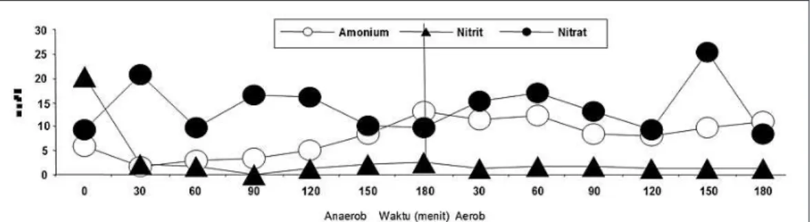 Gambar 4. Profil Perubahan amonium, Nitrit dan Nitrat pada Percobaan Curah dari PDAM  Surabaya (Glukosa) 