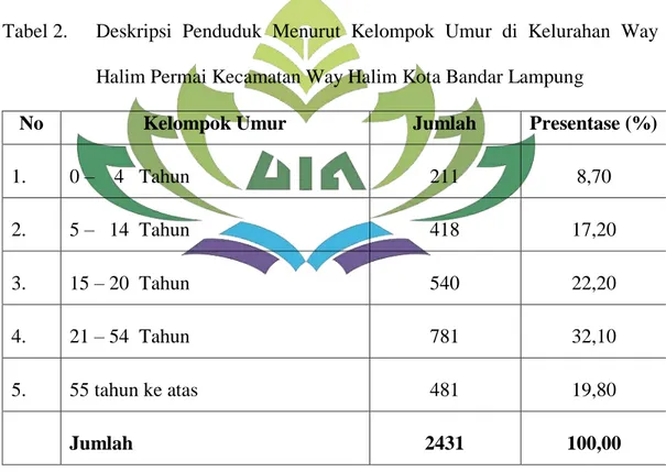 Tabel 2.  Deskripsi  Penduduk  Menurut  Kelompok  Umur  di  Kelurahan  Way  Halim Permai Kecamatan Way Halim Kota Bandar Lampung 