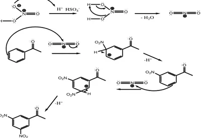 Gambar 11. Mekanisme Reaksi Sintesis (3,5-dinitrofenil) Metil Keton  Tahap  awal  dari  sintesis  