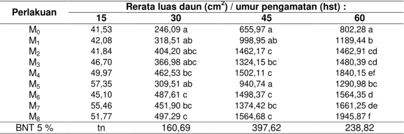Tabel  1  Rerata  Luas  Daun  (cm 2 )  akibat  Kombinasi  Pemulsaan  Jerami  dan  Frekuensi  Waktu  Penyiangan pada Berbagai Umur Pengamatan 