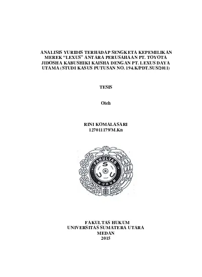 Analisis Yuridis Terhadap Sengketa Kepemilikan Merek “Lexus” Antara ...