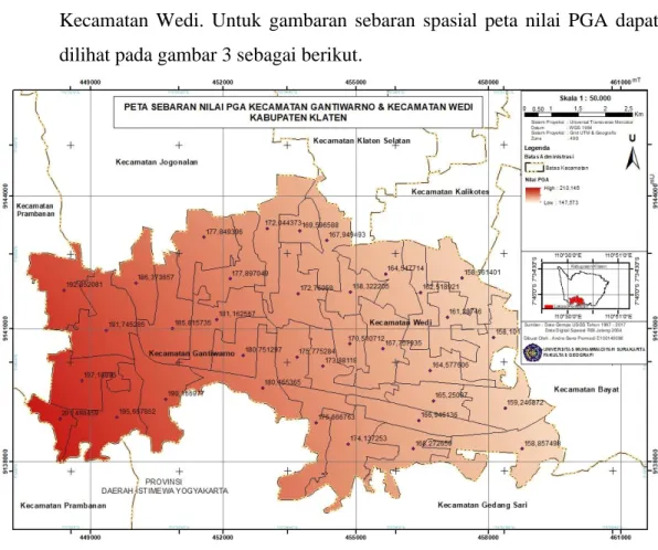 Gambar 3 Peta Sebaran Nilai PGA Kecamatan Gantiwarno &amp; Kecamatan Wedi  Kabupaten Klaten 