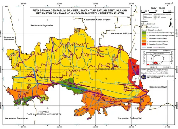 Gambar 6  Peta Bahaya Gempabumi dan KerusakanTiap Satuan Bentuklahan  Kecamatan Gantiwarno dan Kecamatan Wedi Kabupaten Klaten 