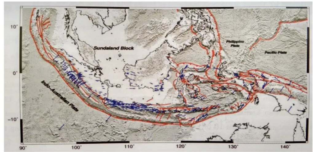 Gambar 1 Peta tektonik wilayah Indonesia dari data geodetik hingga tahun  2016, vektor kecepatan pada referensi sistem ITRF 2008