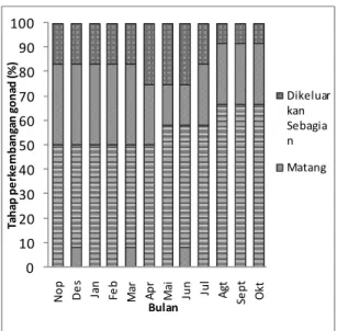 Gambar  5.  Persentase  tahap  perkembangan  gonad  kerang  sepetang  (P.  acutidens)  setiap  bulan selama penelitian 