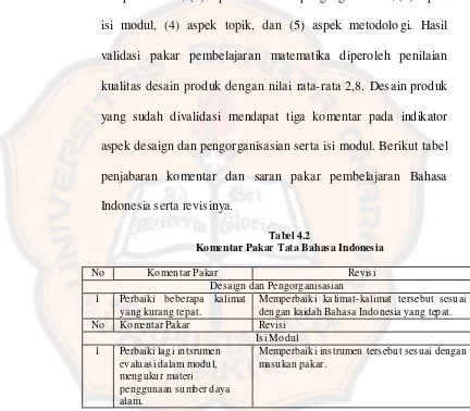 Tabel 4.2 Komentar Pakar Tata Bahasa Indonesia 