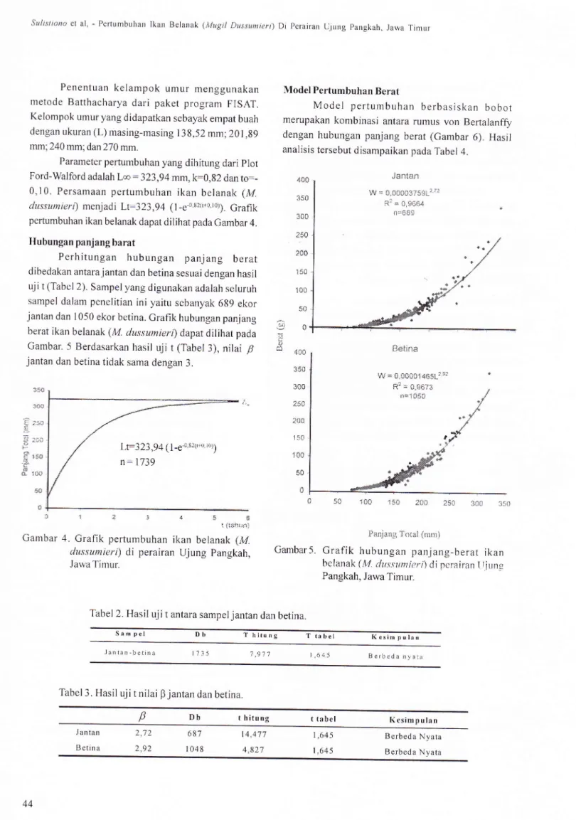 Gambar  4.  Grafik  pertumbuhan  ikan  belanak  (M dussumieri)  di  perairan  Ujung  pangkah,