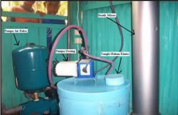 Foto 4 : Pompa air baku, pompa dosing, tangki bahan kimia dan statik mixer.