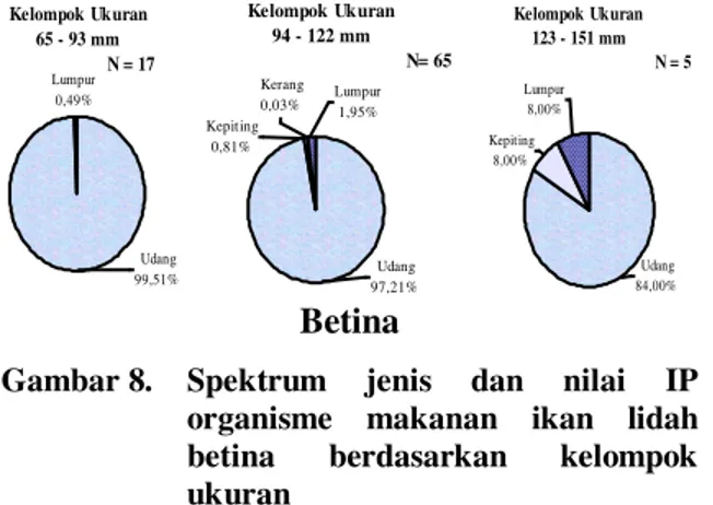 Gambar 8.  Spektrum  jenis  dan  nilai  IP  organisme  makanan  ikan  lidah  betina  berdasarkan  kelompok  ukuran 