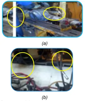 Gambar  1. (a) Permasalahan pada proses  pemasangan bracket small part di station  welding manual (b) Permasalahan pada proses 